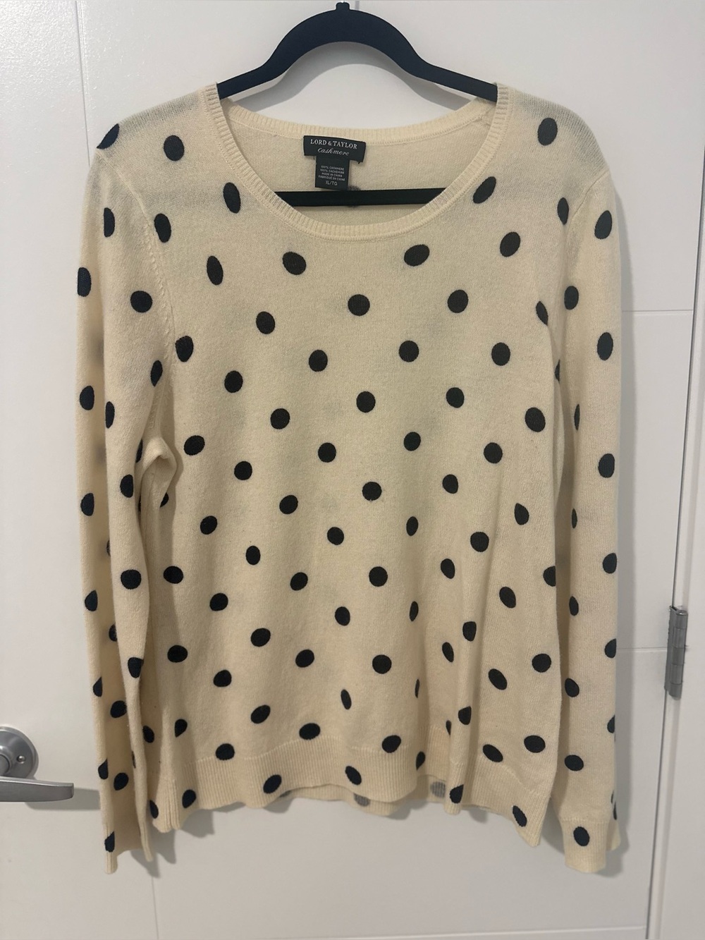 Lord & Taylor 100% Cashmere Cream Sweater with Black Polka Dots